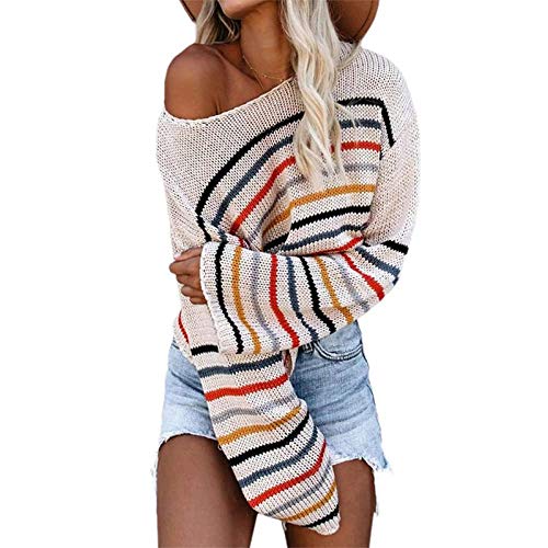 Avsvcb Suéter de Rayas de Colores para Mujer otoño Comercio Exterior Ropa de Mujer suéter sin Tirantes de un Solo Cuello Americana