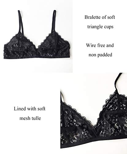 Awake Lingerie Selected Soft Lace Bralette Encaje y Bragas, Sexy Sujetador Transparente sin Aro sin Relleno, Conjunto de Lencería Mujer (X-Large, Negro)