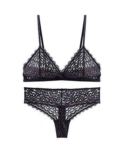 Awake Lingerie Selected Soft Lace Bralette Encaje y Bragas, Sexy Sujetador Transparente sin Aro sin Relleno, Conjunto de Lencería Mujer (X-Large, Negro)