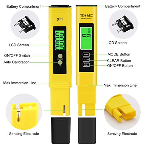 AYUQI Medidor PH, Medidor de PH TDS EC Temperatura 4 en 1 Digital con Pantalla LCD Resolución 0.01 Calibración Automática para Acuario, Piscina de Agua Hidropónica, Laboratorio (Amarillo)