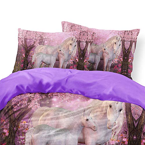 B/A Juego de Ropa de Cama 3 Piezas Poliéster Microfibra - Sakura y Caballo Animal de Pelo Largo - Edredón Incluye 1 Funda Nórdica y 2 Funda de Almohada para Habitaciones de Hotel 240 x 220 cm