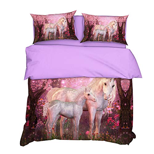 B/A Juego de Ropa de Cama 3 Piezas Poliéster Microfibra - Sakura y Caballo Animal de Pelo Largo - Edredón Incluye 1 Funda Nórdica y 2 Funda de Almohada para Habitaciones de Hotel 240 x 220 cm