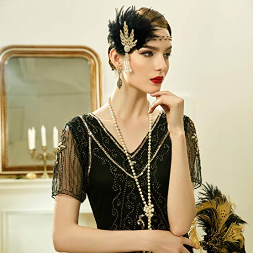 BABEYOND Anillo de la Flapper de los años 20 Anillo de la pluma Gran venda de Gatsby Accesorios de la aleta de los años 20 Desfile del art déco Partido temático (Oro y Pluma Negro)