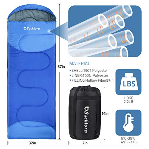 BACKTURE Saco de Dormir para Acampar, Impermeable con Bolsa de Compresión, 3 Estaciones 5~25℃, para Viajes, Camping, Senderismo, 220x80cm