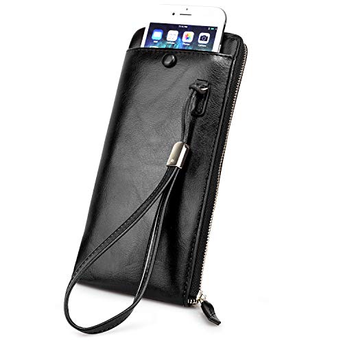 BAGZY Cartera Cuero Monedero Piel Mujer Grande Largo Billetera Bolso Viajar Titular de la Tarjeta de crédito Unisexo Bolsa de Monedas con Bolsillo Cremallera Regalo de Hombre Mujer Negro