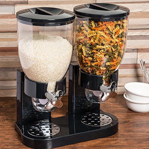 BAKAJI - Dispensador para Cereales, Pasta, Caramelos, Dulces, Fruta Seca Individual con Ruedas, Doble contenedor de 8 litros y dosificador Interior, Color Negro