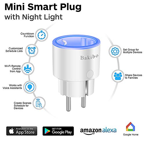 bakibo Enchufe Inteligente Wifi Compatible con Alexa Echo,Google Home, Inalámbrico Smart Mini Zócalo con Luz Nocturna, Control Remoto, Establecer Horario,Programa, Monitor Energía - 2 Pcs