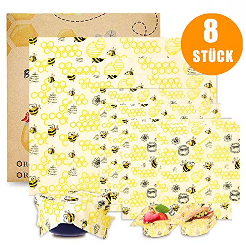 BALFER® Envolturas de Alimentos Cera de Abejas(8 Piezas), Papel de Cera de Abeja Mantiene Alimentos Fresco para Sándwich, Queso, Frutas etc. Reutilizable Envolver,Lavables,Eco Friendly, Zero Waste.