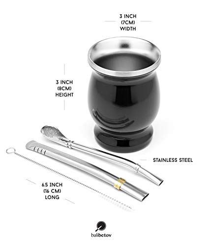 BALIBETOV Set de Mate de Doble Pared de Acero Inoxidable - Alternativa Mate de Calabaza - facil de Limpiar - Incluye 2 Bombillas (sorbetes) para Yerba Mate (Negro)