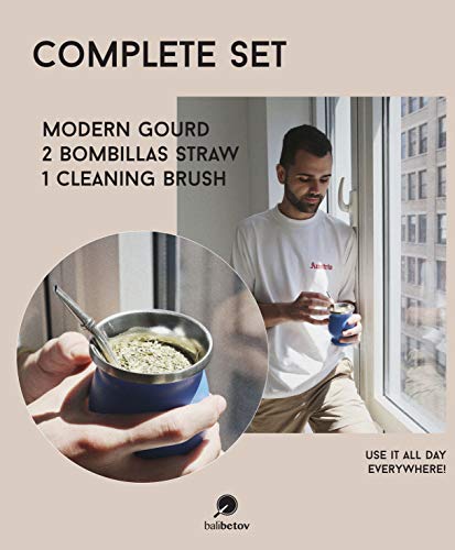 BALIBETOV Set de Mate de Doble Pared de Acero Inoxidable - Alternativa Mate de Calabaza - facil de Limpiar - Incluye 2 Bombillas (sorbetes) para Yerba Mate (Negro)