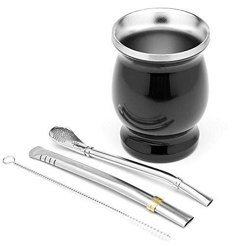 BALIBETOV Set de Mate de Doble Pared de Acero Inoxidable - Alternativa Mate de Calabaza - facil de Limpiar - Incluye 2 Bombillas (sorbetes) para Yerba Mate (Negro)