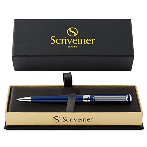 Ballpoint Pen by Scriveiner London - Stunning Blue Lacquer Ballpoint Pen with Chrome Finish, Schmidt Black Refill, Best Ball Pen Gift Set for Men & Women, Professional, Executive, Office, Nice Pens