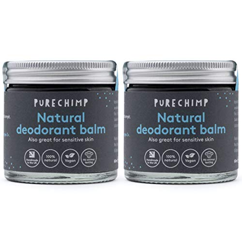 Bálsamo Desodorante Natural 60 ml de PureChimp - Cristal Reciclable – Carbón Activado - Vegano – Libre de Alcohol y Aceite de Palma Para Piel Sensible (2 x 60ml)
