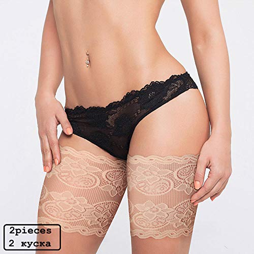 Banda de muslo,Calentadores de piernas de encaje sexy Bandas de muslo Protección de piernas antifricción Calcetines de muslo Silicona Antideslizante Bandas de muslo anti rozaduras 2 piezas-07G-Beige_C (muslo 52-60 cm)