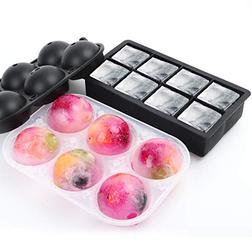 Bandeja de Hielo de Silicona Cubiteras Hielo Silicona con Tapa sin BPA, Moldes de Hielo de Silicona Molde Cuadrado y Redondo Bola de Hielo para Bebés,Cola,Cócteles,Whisky Negro，juego de 2