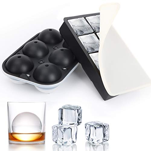 Bandeja de Hielo de Silicona Cubiteras Hielo Silicona con Tapa sin BPA, Moldes de Hielo de Silicona Molde Cuadrado y Redondo Bola de Hielo para Bebés,Cola,Cócteles,Whisky Negro，juego de 2
