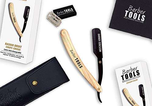 ✮ BARBER TOOLS ✮ Kit de afeitado - Navaja de afeitar + caja de 40 cuchillas de doble hoja + Peine guía para afeitar + Gel afeitado transparente 60 ml + Bálsamo para después del afeitado 30 ml.