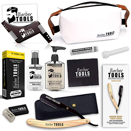 ✮ BARBER TOOLS ✮ Kit de afeitado - Navaja de afeitar + caja de 40 cuchillas de doble hoja + Peine guía para afeitar + Gel afeitado transparente 60 ml + Bálsamo para después del afeitado 30 ml.