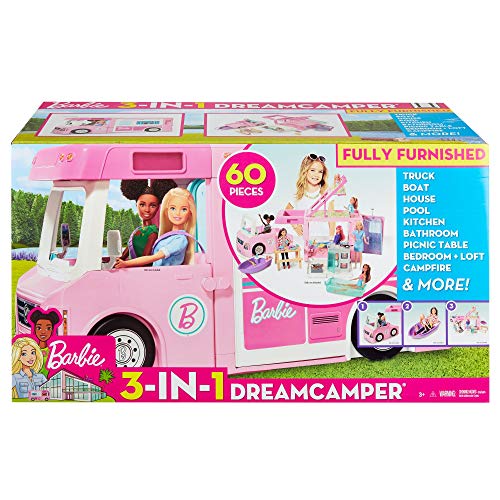 Barbie 3-in-1 DreamCamper - Caravana para Acampar con Piscina, Camioneta, Barca y 50 Accesorios, 3-9 años, color/modelo Surtido (Mattel GHL93)