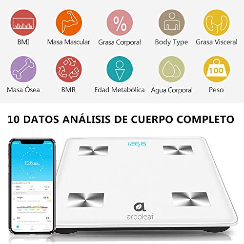Báscula Grasa Corporal - arboleaf Escala Bluetooth Inteligente Hasta 180 kg, Bascula de Baño Digital, APP Profesional Analiza 10 Datos, Monitor de Composición Corporal para Andriod y iOS…