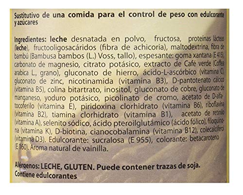 Batido en polvo, sabor a vainilla. Rico en proteínas, excelente como sustituto alimenticio, saciante, controla el peso y ayuda a quemar grasa, con café verde sin cafeína, adelgazante