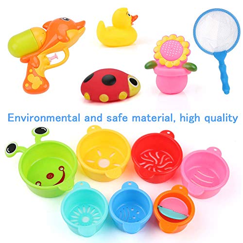 BBLIKE Juguetes Bañera, 19 PCS Almacenamiento de Juguetes Baño para Bebés con Pistola de Agua, Red de Pesca, Vasos Apilables