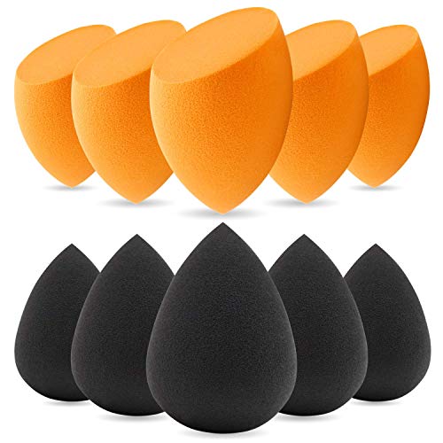 BEAKEY Mezclador de Esponja de Maquillaje de 5+5 Piezas, Juego de Esponja de Maquillaje Para Base, Corrector y Polvo, Esponjas Aplicadoras de Maquillaje de Doble Uso (Negro y Naranja)