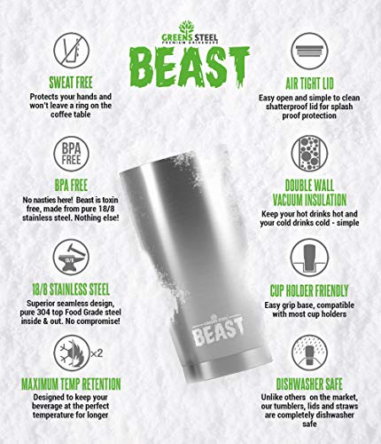 BEAST 20oz acero inoxidable vaso aislado al vacío Rambler taza de café doble pared taza frasco con la tapa prueba del chapoteo, 2 pitillos, cepillo de pipa y regalo caja paquete por Greens Steel