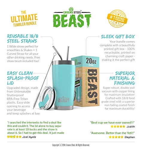 BEAST 20oz acero inoxidable vaso aislado al vacío Rambler taza de café doble pared taza frasco con la tapa prueba del chapoteo, 2 pitillos, cepillo de pipa y regalo caja paquete por Greens Steel