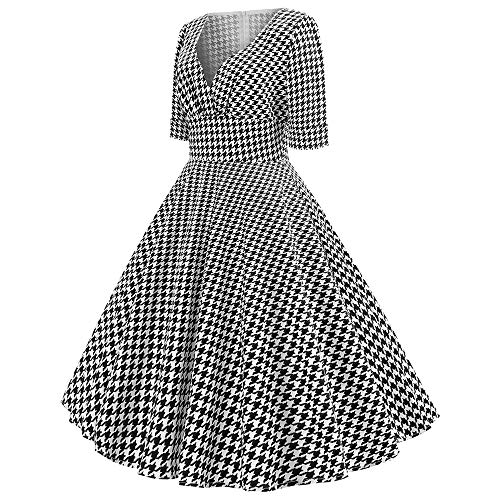 beautyjourney Vestido de cóctel Vintage de los años 50 para Mujer Vestido Escotado Rockabilly Retro de Manga Corta con Cuello en v Falda Plisada Vestidos de tutú de Pata de Gallo