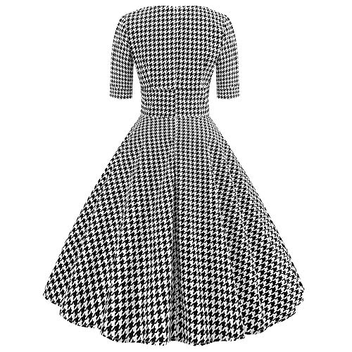 beautyjourney Vestido de cóctel Vintage de los años 50 para Mujer Vestido Escotado Rockabilly Retro de Manga Corta con Cuello en v Falda Plisada Vestidos de tutú de Pata de Gallo