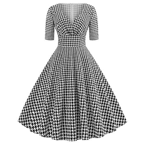 beautyjourney Vestido de cóctel Vintage de los años 50 para Mujer Vestido Escotado Rockabilly Retro de Manga Corta con Cuello en v Falda Plisada Vestidos de tutú de Pata de Gallo
