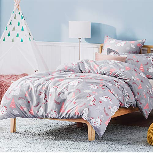 Bedsure Funda Nordica Infantil Cama 90 Niña - Juego de Funda Edredón Juvenil 140x200 de Microfibra Transpirable y Suave, con Patrón Reversible de Unicornio, Gris Rosa