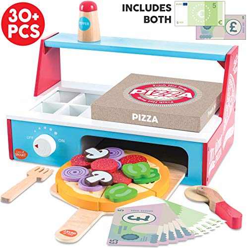bee SMART Pizza de Madera y Accesorios, Juego de Pizza con Horno de Pizzas, Corta Pizza, espátula y Caja de Pizza, Dinero de Juego para niños, 30 Piezas+