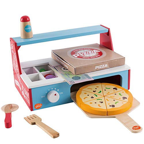 bee SMART Pizza de Madera y Accesorios, Juego de Pizza con Horno de Pizzas, Corta Pizza, espátula y Caja de Pizza, Dinero de Juego para niños, 30 Piezas+