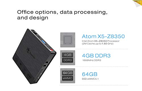 Beelink BT3 Pro II Mini PC Ordenador de sobremesa Soporte Windows 10 Home Sistema, 4GB RAM, 64GB eMMC ROM, Intel Atom x5-Z8350 Procesador, Dual-Band WiFi, Gigabit Ethernet, Salida HDMI/USB/SD/VGA