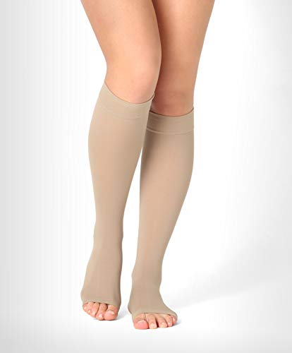 ®Befit24 Calcetines de Compresión (18-21 mmHg, 90 Denieres, Clase 1) sin Puntera para Hombre y Mujer - Medias de Compresion para Viaje Avion, Varices y Embarazo [ Size 2 - Long: A - Biege ]