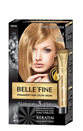 BELLE'FINE® - Black Series - Tinte permanente natural - Con 3 aceites y queratina - Miel ámbar