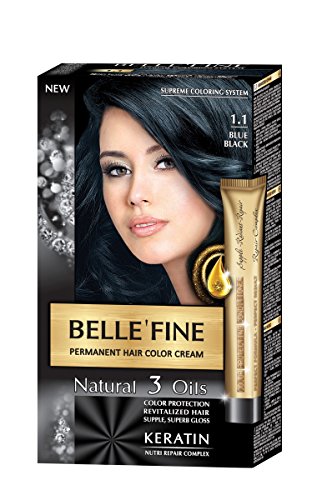 BELLE'FINE® - Black Series - Tinte permanente natural - Con 3 aceites y queratina - Negro azulado
