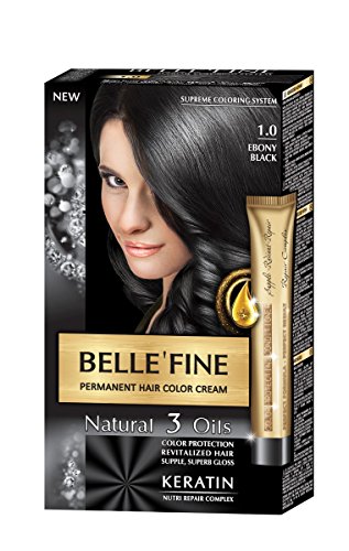 BELLE'FINE® - Black Series - Tinte permanente natural - Con 3 aceites y queratina - Negro ébano