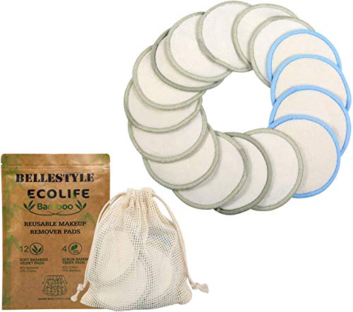 BelleStyle Almohadillas Desmaquilladoras de Maquillaje, 16 Piezas Reutilizables y Lavables Fibra de Bambú Discos Desmaquillantes Faciales, Almohadillas Cosméticas con Bolsa de Lavado