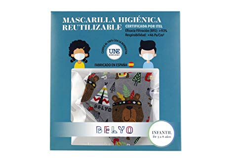 BELYO BMHR002 Mascarilla Infantil Higiénica Reutilizable Homologada UNE 0065 Patron de Osos