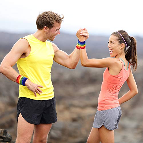 Bememo Muñequeras deportivas de algodón (pulsera banda) para tenis, baloncesto, correr, gimnasio y hacer ejercicio 12 pack arco iris