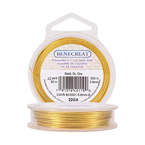 BENECREAT 20m Alambre de Cobre Cable Metálico Accesorios de manualidad para Diseño de Bisutería - Dorado Calibre 22