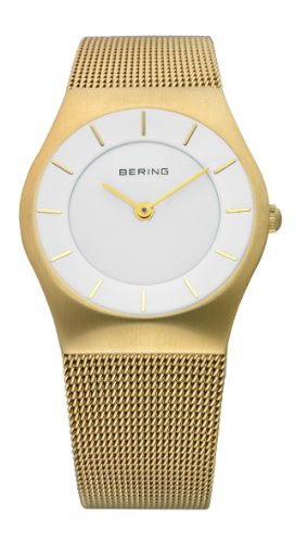 Bering Classic - Reloj analógico de mujer de cuarzo con correa de acero inoxidable dorada - sumergible a 50 metros