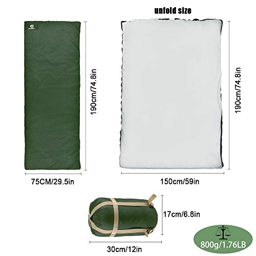 Bessport Saco de Dormir Ligero, de Forma Rectangular, Saco Dormir de sobre para Acampada Senderismo al Aire Libre, con Bolsa de Compresión  (Green)