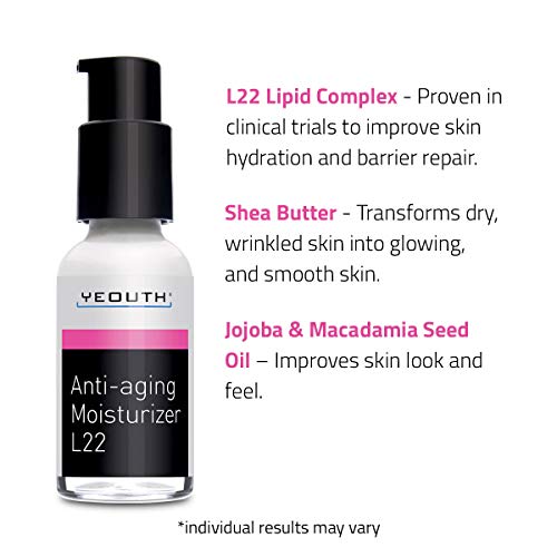 Best Anti Aging Moisturizer Face Cream, Shea Butter, Jojoba & Macadamia Seed Oil, and Patented L22 Complex From YEOUTH, Hydrates, Firms, Erases Wrinkles and Evens Skin Tone