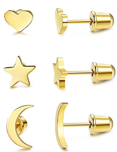 BESTEEL 3 Pares Acero Inoxidable Pendientes de Estrella Luna y Corazón de las Mujeres Aretes Pendientes Piercing Cartilago Joyería de Moda