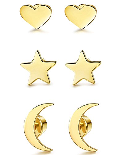 BESTEEL 3 Pares Acero Inoxidable Pendientes de Estrella Luna y Corazón de las Mujeres Aretes Pendientes Piercing Cartilago Joyería de Moda