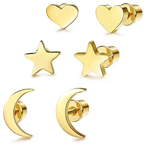 BESTEEL 3 Pares Acero Inoxidable Pendientes de Estrella Luna y Corazón de las Mujeres Aretes Pendientes Piercing Cartilago Joyería de Moda